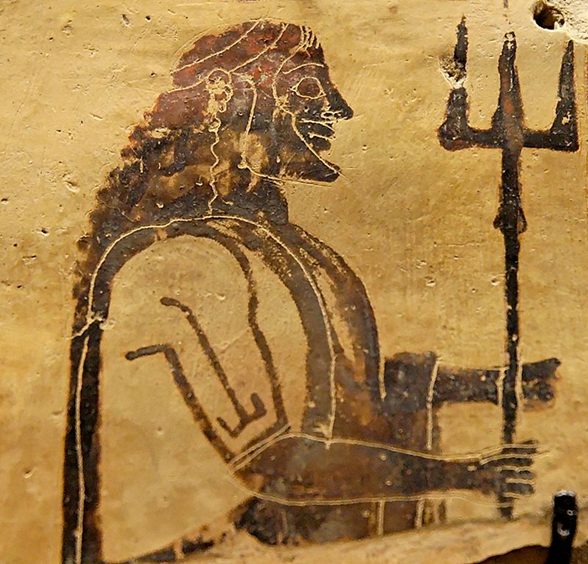 Poseidón. Placa de cerámica corintia procedente de Penteskouphia, años 550-525 antes de Cristo.