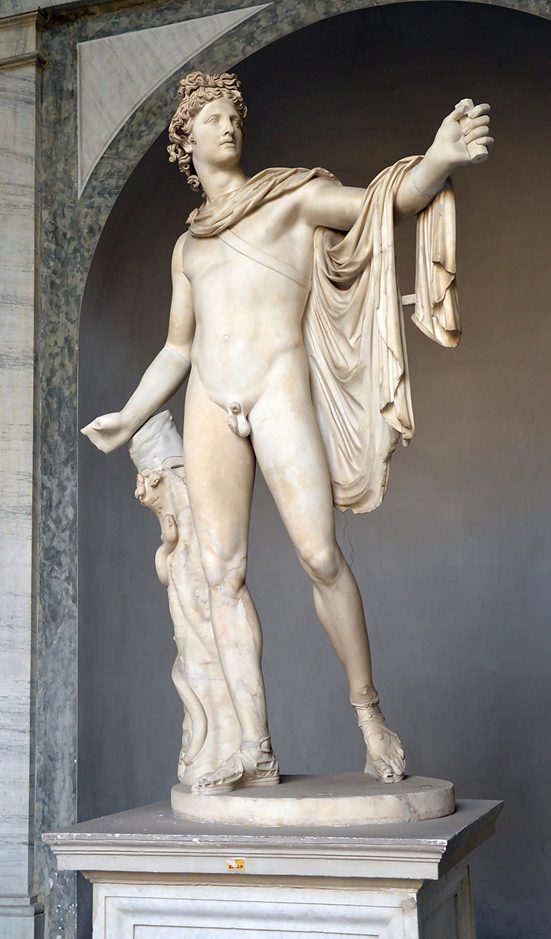 Apolo Belvedere, Roma, Museos Vaticanos. Copia en mármol hecha en tiempos de Adriano de un probable original en bronce de Leocares.