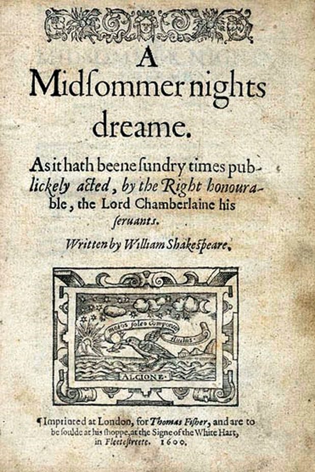 Portada de la primer edición de A Midsummer Night's Dream (Sueño de una noche de verano), año 1600.