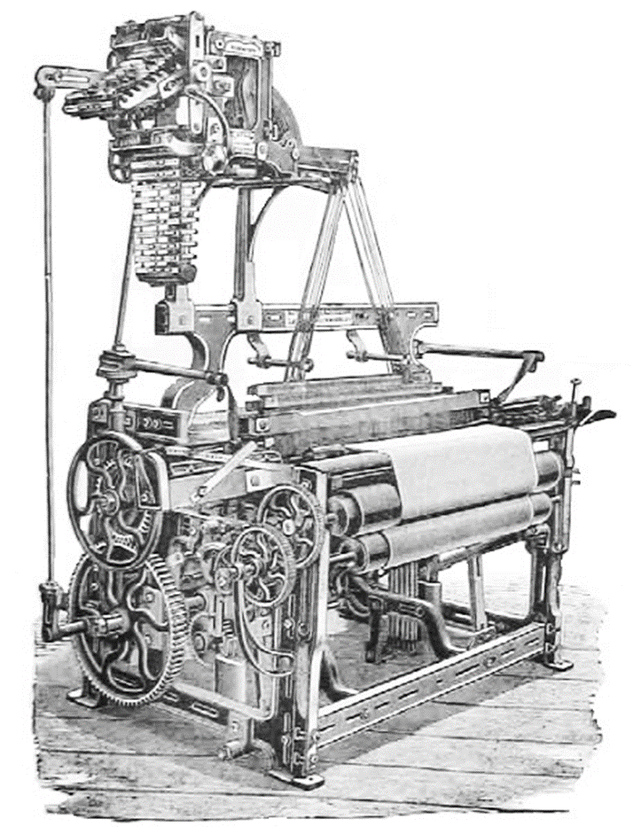 El telar mecánico de Edmund Cartwright. Imagen del Textile Mercury, una publicación de Manchester.